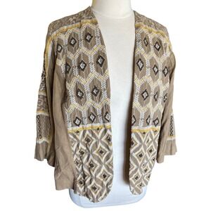 Chico's Tan Linen Blend Embroidered Beaded Open Front Boho Kimono Jacket Sz 2